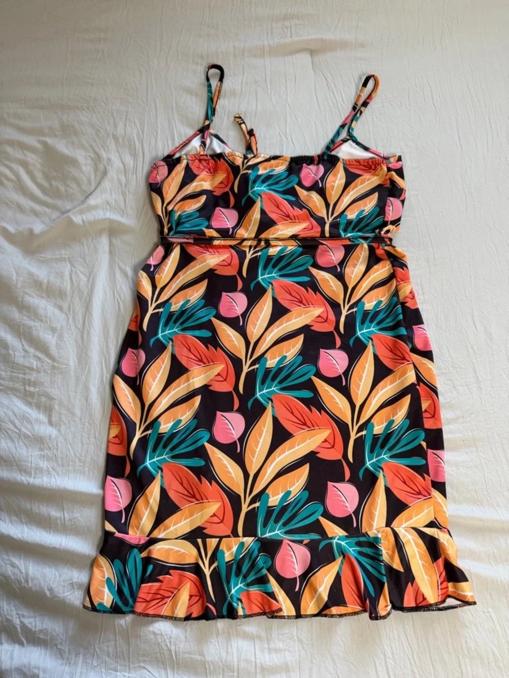 Tropical‎ Print Belted Ruched Ruffle Hem Dress Size Medium
